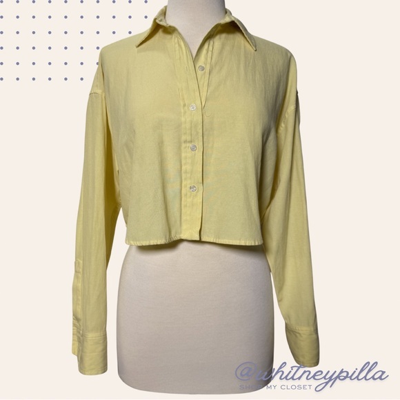 Nia Tops - NIA Butter Yellow Gaiac Top Cropped Button Down Relaxed Fit Shirt - Small